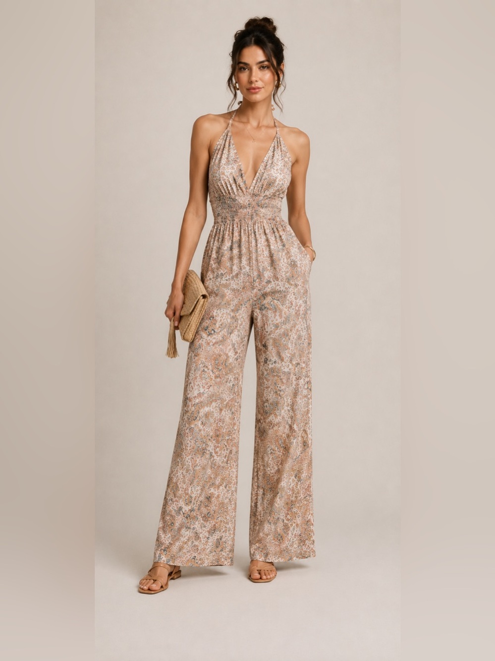 KLD Paisley Satin Halter Wide leg jumpsuit Boho Resort Vacation M